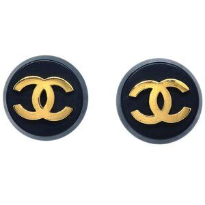 Chanel Gold Black Button Earrings Clip-On 26 195154